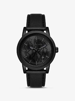 Oversized Hutton Black-Tone and Leather Watch