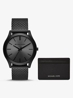 Oversized Slim Runway Black-Tone Watch and Card Case Gift Set