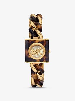 Petite Lock Pavé Gold-Tone and Tortoiseshell Acetate Chain Watch